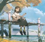  1girl aspara autumn bangs bird black_hair blue_sky boat book brown_eyes cloud day eyebrows_visible_through_hair highres jacket off_shoulder original outdoors shirt shoes sitting skirt sky sneakers socks solo tire tree water watercraft 