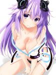  1girl adult_neptune bare_shoulders bikini bikini_bottom blush breasts commentary_request d-pad d-pad_hair_ornament hair_between_eyes hair_ornament iwashi_dorobou_-r- long_hair looking_at_viewer medium_breasts neptune_(series) shin_jigen_game_neptune_vii smile solo sweat swimsuit topless 