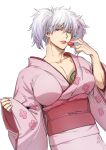  1boy bangs breast_padding collarbone commentary_request crossdressing eyebrows_visible_through_hair food fruit gintama grey_hair hair_between_eyes highres holding holding_food japanese_clothes kimono long_sleeves looking_at_viewer male_focus obi parted_lips pinching_sleeves pink_kimono red_eyes red_lips sakata_gintoki sash simple_background sleeves_past_wrists smile solo strawberry twintails uraki_(tetsu420) white_background wide_sleeves 
