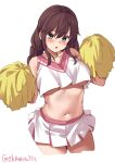  1girl blush braid breasts brown_hair cheerleader collarbone commentary_request cowboy_shot cropped_legs ebifurya eyebrows_visible_through_hair grey_eyes highres holding holding_pom_poms kantai_collection large_breasts long_hair looking_at_viewer navel noshiro_(kancolle) open_mouth pleated_skirt pom_pom_(cheerleading) simple_background skirt solo twin_braids twitter_username underboob white_background white_skirt 