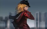  1girl anonamos black_headwear blonde_hair blue_eyes blurry blurry_background commentary cowboy_shot evangelion:_3.0_you_can_(not)_redo from_side hat highres jacket jacket_on_shoulders long_hair looking_at_viewer neon_genesis_evangelion plugsuit rebuild_of_evangelion solo souryuu_asuka_langley 