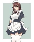  1girl alternate_costume apron artist_logo bangs black_dress blue_eyes border braid brown_hair commentary_request cowboy_shot dress enmaided frilled_apron frills garter_straps green_eyes grey_background highres kantai_collection long_hair looking_at_viewer maid maid_apron maid_headdress mochizou noshiro_(kancolle) one-hour_drawing_challenge solo swept_bangs thighhighs twin_braids two-tone_background white_apron white_border white_legwear wrist_cuffs 