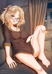  1girl aquaegg blonde_hair blush breasts cameltoe cleavage collarbone commentary_request covered_navel covered_nipples girls_und_panzer glasses highres impossible_clothes indoors kay_(girls_und_panzer) large_breasts looking_at_viewer open_mouth shiny shiny_hair shiny_skin smile solo sweater window 