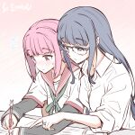  2girls artist_name bespectacled blue_hair flying_sweatdrops glasses kamihama_university_affiliated_school_uniform long_hair magia_record:_mahou_shoujo_madoka_magica_gaiden mahou_shoujo_madoka_magica multiple_girls nanami_yachiyo pencil pink_hair pointing school_uniform serafuku shirt sitting studiozombie tamaki_iroha writing 