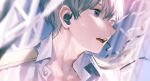  1boy blue_eyes blurry blurry_background blurry_foreground collared_shirt commentary_request earbuds earphones epaulettes face grey_hair highres ishida_(segu_ishida) looking_away male_focus microphone original parted_lips portrait shirt short_hair solo sweat teeth upper_teeth very_short_hair white_shirt 