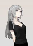  1girl arms_behind_back asymmetrical_bangs bangs black_shirt blue_eyes breasts casual cleavage collarbone eyebrows_visible_through_hair gogalking grey_background grey_hair highres large_breasts long_hair looking_at_viewer maid_(gogalking) original pale_skin shirt short_sleeves sidelocks simple_background solo straight_hair t-shirt upper_body 