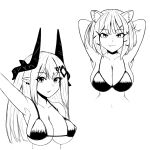  2girls animal_ears arknights arm_up armpits arms_up bangs bare_shoulders bikini breasts collarbone commentary cropped_torso english_commentary eyebrows_visible_through_hair eyelashes fang fang_out greyscale highres horns kentumatsu large_breasts long_hair looking_at_viewer monochrome mudrock_(arknights) multiple_girls parted_lips pointy_ears simple_background skin_fang swimsuit upper_body utage_(arknights) white_background 