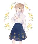  1girl ahoge artoria_pendragon_(fate) blonde_hair blue_eyes blue_skirt braid commentary_request eyebrows_visible_through_hair facing_viewer fate/stay_night fate_(series) floral_background floral_print flower french_braid hair_ribbon hand_on_own_chest highres long_sleeves machi_(uqyjee) ribbon saber shirt skirt solo white_background white_shirt yellow_flower 