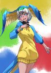  1girl :d bangs bird_tail bird_wings blue-and-yellow_macaw_(kemono_friends) blue_eyes blue_hair blue_sweater commentary eyebrows_visible_through_hair green_hair grey_hair hand_on_own_chest head_wings highres kemono_friends long_sleeves looking_at_viewer multicolored_background multicolored_hair multicolored_wings open_mouth short_hair simple_background smile solo spread_wings sweater tail tanabe_(fueisei) turtleneck turtleneck_sweater two-tone_sweater white_hair wings yellow_sweater 