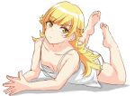  1girl bakemonogatari bangs barefoot blonde_hair blunt_bangs blush_stickers camisole closed_mouth commentary_request downblouse eyebrows_visible_through_hair feet feet_up flat_chest full_body hieda_(hiedanoaqn) highres long_hair looking_to_the_side lying monogatari_(series) on_stomach oshino_shinobu own_hands_together panties shadow simple_background soles solo the_pose toes underwear white_background white_camisole white_panties yellow_eyes 