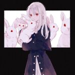  1girl animal bunny coat commentary_request fate/stay_night fate_(series) highres holding holding_animal illyasviel_von_einzbern long_sleeves machi_(uqyjee) purple_coat red_eyes sidelocks solo standing white_hair 