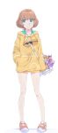  1girl akinbo_(hyouka_fuyou) blue_eyes brown_hair closed_mouth collarbone frown full_body hand_in_pocket highres hood hood_down hooded_sweater ichinose_minori long_sleeves looking_to_the_side orange_footwear precure shiny shiny_hair shoes short_hair simple_background sneakers solo standing sweater tropical-rouge!_precure white_background yellow_sweater 