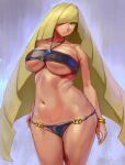  1girl bare_shoulders bikini black_bikini blonde_hair bracelet breasts gem green_eyes hair_over_one_eye jewelry kazo large_breasts lips long_hair looking_at_viewer lusamine_(pokemon) mature_female navel parted_lips pokemon pokemon_(anime) pokemon_sm_(anime) shiny shiny_hair shiny_skin skindentation smile solo standing swimsuit underboob very_long_hair 