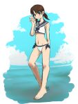  1girl bangs barefoot bikini blue_sailor_collar brown_eyes brown_hair commentary_request full_body highres kantai_collection kenroba_(stark_chen) low_twintails navel parted_bangs sailor_bikini sailor_collar shirayuki_(kancolle) short_hair short_twintails side-tie_bikini solo standing swimsuit twintails white_bikini 