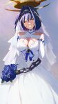  1girl blue_flower blue_hair blue_rose breasts bridal_veil chain cleavage closed_eyes discoshoujo dress elbow_gloves flower gloves hair_intakes headband highres hololive hololive_english jewelry large_breasts mechanical_halo ouro_kronii ring rose short_hair smile solo veil virtual_youtuber wedding_dress wedding_ring white_dress white_gloves 