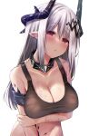  1girl arknights bangs bare_shoulders black_collar blush breasts cleavage collar commentary_request eyebrows_visible_through_hair highres horns infection_monitor_(arknights) kamita large_breasts long_hair looking_at_viewer mudrock_(arknights) oripathy_lesion_(arknights) parted_lips partial_commentary pointy_ears red_eyes silver_hair solo sports_bra upper_body 