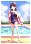  1girl bangs barefoot black_hair blue_sky blue_swimsuit blunt_bangs cloud commentary_request competition_school_swimsuit day flat_chest gokou_ruri herunin highres long_hair looking_at_viewer mole mole_under_eye ore_no_imouto_ga_konna_ni_kawaii_wake_ga_nai outdoors pool poolside purple_eyes school_swimsuit sky solo standing swimsuit towel 