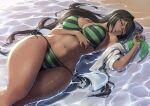  1girl ahoge beach bikini black_hair breasts commentary_request cyron_tanryoku dark-skinned_female dark_skin feet_out_of_frame glasses green_ribbon halterneck huge_ahoge jacket large_breasts long_hair looking_at_viewer lying nail_polish navel off_shoulder on_back original packge red_eyes ribbon ribbon_removed sand side-tie_bikini solo string_bikini swimsuit very_dark_skin water 