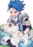  1boy 1other age_regression asymmetrical_bangs bangs blue_hair bodysuit bodysuit_under_clothes braid braided_ponytail child cu_chulainn_(fate) dog earrings fate/grand_order fate/grand_order_arcade fate_(series) hood hood_down jewelry long_hair male_focus open_mouth petting puffy_pants puppy red_eyes samoyed_(dog) setanta_(fate) sitting smile spiked_hair usuke younger 
