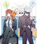  1boy 1girl absurdres bangs black_necktie braid braided_ponytail breasts brown_hair business_suit cellphone chainsaw_man covered_eyes crossed_legs crossover dmsco1803 formal fushiguro_megumi gojou_satoru high_collar highres itadori_yuuji jujutsu_kaisen kugisaki_nobara light_smile long_hair long_jacket looking_at_phone makima_(chainsaw_man) medium_breasts necktie office_lady phone pochita_(chainsaw_man) ringed_eyes short_hair smartphone smile suit trait_connection white_hair yellow_eyes 