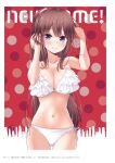  1girl bangs bikini blue_eyes blush breasts brown_hair cleavage closed_mouth collarbone copyright_name cowboy_shot eyebrows_visible_through_hair frilled_bikini frills hair_between_eyes highres large_breasts long_hair looking_at_viewer navel new_game! official_art page_number polka_dot polka_dot_background ribbon shiny shiny_hair shiny_skin side-tie_bikini smile solo standing swimsuit takimoto_hifumi thigh_gap tokunou_shoutarou very_long_hair white_bikini white_ribbon 