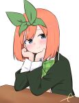  1girl bangs blue_eyes blush bow closed_mouth collared_shirt commentary eyebrows_behind_hair go-toubun_no_hanayome green_bow green_jacket green_ribbon hair_ribbon highres jacket kujou_karasuma looking_at_viewer nakano_yotsuba open_clothes open_jacket orange_hair ribbon shirt signature simple_background smile solo sweater_vest symbol-only_commentary upper_body white_background white_shirt 