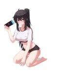  1girl ahoge artist_request bare_arms barefoot between_legs black_hair black_shorts blue_eyes breasts closers commission crop_top dolphin_shorts full_body genderswap genderswap_(mtf) groin highres holding kneeling long_hair looking_at_viewer medium_breasts micro_shorts midriff navel nintendo_switch ponytail second-party_source seha_lee shirt short_shorts short_sleeves shorts sidelocks simple_background solo stomach thighs white_background white_shirt 