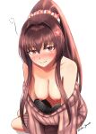  1girl bare_shoulders black_bra blush bra breasts brown_hair cherry_blossoms flower hair_flower hair_ornament highres kantai_collection long_hair long_sleeves looking_at_viewer md5_mismatch medium_breasts nipples nose_blush off-shoulder_sweater off_shoulder official_alternate_costume ponytail red_eyes rekka_yamato sidelocks smile solo sweater underwear very_long_hair yamato_(kancolle) 