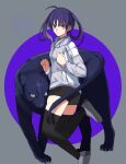  1girl ahoge animal bangs black_legwear black_panther black_shorts closed_mouth commentary_request eyebrows_visible_through_hair grey_eyes grey_footwear grey_jacket highres jacket long_sleeves looking_at_viewer medium_hair pikaremon purple_hair saiki_mio shoes short_shorts short_twintails shorts slit_pupils thighhighs tsukihime tsukihime_(remake) twintails 