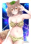  1girl animal_ear_fluff animal_print aoko_(myut7287) bangs bikini blush breasts brown_eyes cleavage collarbone cosplay electricity eyebrows_behind_hair futatsuiwa_mamizou glasses highres leaf leaf_on_head looking_at_viewer lum lum_(cosplay) medium_breasts pointing pointing_up round_eyewear short_hair smile solo swimsuit tail tiger_print touhou urusei_yatsura 