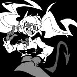  1girl ascot bangs black_background bow breasts cape commentary demon_girl demon_horns demon_tail dress_shirt fangs floating_hair gloves greyscale hair_bow helltaker horns long_hair looking_at_viewer monochrome open_mouth shirt simple_background skirt smile solo tail teeth the_second_circle twintails vanripper 
