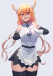  1girl absurdres apron ascot bangs black_legwear black_skirt blonde_hair breasts cowboy_shot dragon_girl dragon_horns dragon_tail elbow_gloves gloves gradient_hair hair_between_eyes heart heart_hands highres horns kobayashi-san_chi_no_maidragon long_hair maid maid_apron maid_headdress meowrim0 multicolored_hair open_mouth orange_eyes orange_hair skirt slit_pupils solo tail thighhighs tohru_(maidragon) twintails very_long_hair white_gloves white_hair 