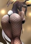  1girl absurdres animal_ears ass ass_focus bangs bare_shoulders bent_over black_hair black_leotard blue_archive blurry blurry_background breasts dark-skinned_female dark_skin detached_collar eyebrows_visible_through_hair fake_animal_ears fishnet_legwear fishnets from_behind frown halo highres karin_(blue_archive) kneepits large_breasts leotard long_hair looking_at_viewer looking_back mole mole_on_ass pantyhose parlia_(asf5576) playboy_bunny ponytail rabbit_ears rabbit_tail sidelocks solo strapless strapless_leotard tail thighs thong_leotard very_long_hair yellow_eyes 