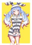  1girl :o absurdres animal_ears bangs blue_hair bound bound_wrists braid contrapposto cuffs dress handcuffs highres hololive long_hair looking_to_the_side multicolored_hair official_alternate_costume orange_eyes quarterlift rabbit_ears rabbit_girl short_dress short_eyebrows solo standing striped striped_dress thick_eyebrows torn_clothes torn_dress twin_braids two-tone_hair usada_pekora v_arms virtual_youtuber white_hair yellow_background 