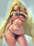  1girl bare_shoulders bikini black_bikini blonde_hair bracelet breasts commentary_request gem green_eyes hair_over_one_eye jewelry kazo large_breasts lips long_hair lusamine_(pokemon) mature_female navel parted_lips pokemon pokemon_(anime) pokemon_sm_(anime) skindentation smile solo swimsuit underboob very_long_hair 