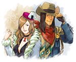  1boy 1girl ace_attorney adjusting_clothes adjusting_headwear angel_starr artist_name bandana black_eyes black_hair breasts cleavage cowboy_hat earrings english_commentary facial_hair fingerless_gloves fur_trim gloves hair_over_one_eye hand_up hat highres jake_marshall jewelry long_hair long_sleeves medium_breasts ohyotomato pocket simple_background smile stubble tilted_headwear upper_body 
