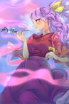  1girl blowing_smoke blush breasts closed_fan cowboy_shot folding_fan hand_fan highres holding holding_pipe japanese_clothes kimono kiseru komakusa_sannyo long_hair medium_skirt open_clothes open_mouth pipe ponytail purple_hair purple_skirt red_eyes red_kimono ribbon skirt smoke tobacco touhou wankosoba wide_sleeves yellow_ribbon 