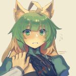  1boy 1girl ahoge atalanta_(fate) black_gloves blonde_hair blush boa_(brianoa) commentary english_commentary fate/apocrypha fate_(series) flying_sweatdrops gloves green_eyes green_hair grey_background hand_up highres looking_at_viewer multicolored_hair parted_lips pov pov_hands simple_background solo_focus twitter_username two-tone_hair upper_body 
