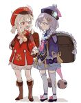  2girls :d absurdres ahoge backpack bag bandaged_leg bandages bangs bead_necklace beads black_footwear bloomers brown_footwear brown_gloves brown_scarf cabbie_hat cape chinese_clothes clover_print coat coin_hair_ornament commentary_request eyebrows_visible_through_hair full_body genshin_impact gloves hair_between_eyes hat hat_feather hat_ornament highres holding_hands jewelry jiangshi klee_(genshin_impact) kurattes light_brown_hair long_hair long_sleeves looking_at_another low_twintails multiple_girls necklace ofuda open_mouth orb pointy_ears qing_guanmao qiqi_(genshin_impact) randoseru red_coat red_eyes scarf shoes sidelocks simple_background sketch smile standing thighhighs twintails underwear vision_(genshin_impact) white_background white_legwear wide_sleeves yin_yang yin_yang_orb zettai_ryouiki 