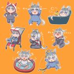  &gt;_&lt; +++ 1girl :&lt; :3 afterimage ahoge animal_ears arms_up baby bathtub blue_eyes blush bubble commentary_request crying grey_hair hood hood_down hood_up horse_ears horse_girl horse_tail jitome kusanagi_kaoru lifting_person long_hair multicolored_hair multiple_views oguri_cap_(umamusume) onesie open_mouth orange_background out_of_frame partially_submerged rubber_duck simple_background smile sparkle splashing stroller tail thumb_sucking tied_hair triangle_mouth two-tone_hair umamusume v-shaped_eyebrows wading_pool water younger 