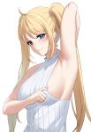  1girl absurdres ahoge areola_slip areolae arm_behind_head arm_up armpits arms_behind_head bangs bare_shoulders blonde_hair blue_eyes blush breasts clothes_pull dobure18 dress eyebrows_visible_through_hair halter_dress halterneck highres large_breasts long_hair looking_at_viewer naughty_face nijisanji no_bra presenting_armpit ribbed_dress seductive_smile shirt_pull sideboob simple_background sleeveless sleeveless_dress smile solo twintails upper_body very_long_hair virtual_youtuber white_background white_dress zea_cornelia 