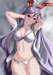  1girl abs absurdres animal_ears armpits arms_up bangs bra breasts cleavage highres large_breasts light_purple_hair long_hair mizuga muscular muscular_female navel open_clothes open_shirt panties presenting_armpit purple_hair rabbit_ears red_eyes reisen_udongein_inaba short_sleeves smile solo thick_thighs thighs touhou underwear very_long_hair white_background white_bra white_panties 