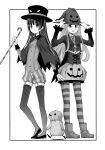  2girls adjusting_clothes adjusting_headwear bangs bird blouse boater_hat boots candy candy_cane capelet closed_mouth coattails commentary_request eyebrows_visible_through_hair flats food garter_straps greyscale halloween halloween_costume hat heel_up highres holding holding_candy holding_food jacket junketsu_sensen kusano_kouichi long_hair long_sleeves looking_at_viewer monochrome multiple_girls open_mouth outside_border pantyhose penguin pumpkin_pants pumpkin_skirt side-by-side smile standing striped striped_legwear thighhighs vertical-striped_legwear vertical_stripes witch_hat 