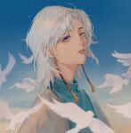  1boy bangs bird cape dove earrings gloating_narcissist grey_hair highres jewelry looking_at_viewer male_focus mojiang-kou outdoors parted_bangs sky:_children_of_the_light solo star_(sky) tassel tassel_earrings upper_body white_bird 