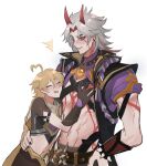  2boys abs aether_(genshin_impact) ahoge arataki_itto bangs belt black_nails blonde_hair blush body_markings closed_eyes drooling ear_piercing eyebrows_visible_through_hair face_to_pecs fangs genshin_impact gloves grabbing grey_hair groping ha_ze hair_between_eyes hand_on_hip highres horns japanese_clothes long_hair male_focus mouth_drool multiple_boys muscular muscular_male nail_polish parted_lips pectoral_grab pectorals piercing red_eyes simple_background spikes sweat tassel vision_(genshin_impact) white_background yaoi 