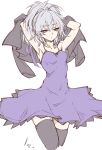  1girl armpits breasts closed_mouth darker_than_black dress highres kaiser2050101 long_hair looking_at_viewer ponytail purple_dress purple_eyes silver_hair simple_background solo thighhighs white_background yin_(darker_than_black) 