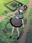  1girl :/ absurdres animal_ears bangs basket bigscaryartist1 blue_capelet blush capelet dowsing_rod dress eyebrows_visible_through_hair floating from_above full_body fur_trim grey_dress grey_hair hair_between_eyes highres holding jewelry looking_at_viewer mouse mouse_ears mouse_tail nazrin orange_eyes pendant prehensile_tail self_upload short_hair short_sleeves solo tail touhou 