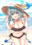  1girl :d absurdres alternate_costume alternate_headwear arms_up bangs bare_shoulders beach black_bra black_panties black_swimsuit blue_sky blush bra breasts cleavage cloud cloudy_sky collarbone commentary_request eyebrows_visible_through_hair frilled_bra frilled_panties frilled_swimsuit frills hat hat_ribbon highres komeiji_koishi large_breasts looking_at_viewer navel ocean open_mouth panties ribbon rpameri short_hair sky smile solo sparkle standing stomach straw_hat string swimsuit thighs third_eye touhou underwear upper_body yellow_ribbon 
