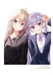  2girls bangs black_shirt blonde_hair blue_eyes closed_mouth collarbone copyright_name dress_shirt eyebrows_visible_through_hair hair_between_eyes head_tilt heads_together highres jacket long_hair long_sleeves looking_at_viewer multiple_girls neck_ribbon new_game! official_art open_mouth page_number pink_ribbon purple_eyes purple_jacket ribbon shiny shiny_hair shirt silver_hair smile suzukaze_aoba tokunou_shoutarou upper_body v white_shirt yagami_kou 