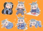  :&lt; afterimage animal_ears baby bangs blue_eyes blush butterfly_sitting child_safety_seat clapping commentary_request crayon drawing drooling food grey_hair horse_ears horse_girl horse_tail jitome kusanagi_kaoru long_hair looking_at_viewer mouth_drool multicolored_hair multiple_views oguri_cap_(umamusume) onesie orange_background raised_eyebrows simple_background sitting sleeping tail tearing_up trembling triangle_mouth two-tone_hair umamusume v-shaped_eyebrows wilted_ahoge younger 